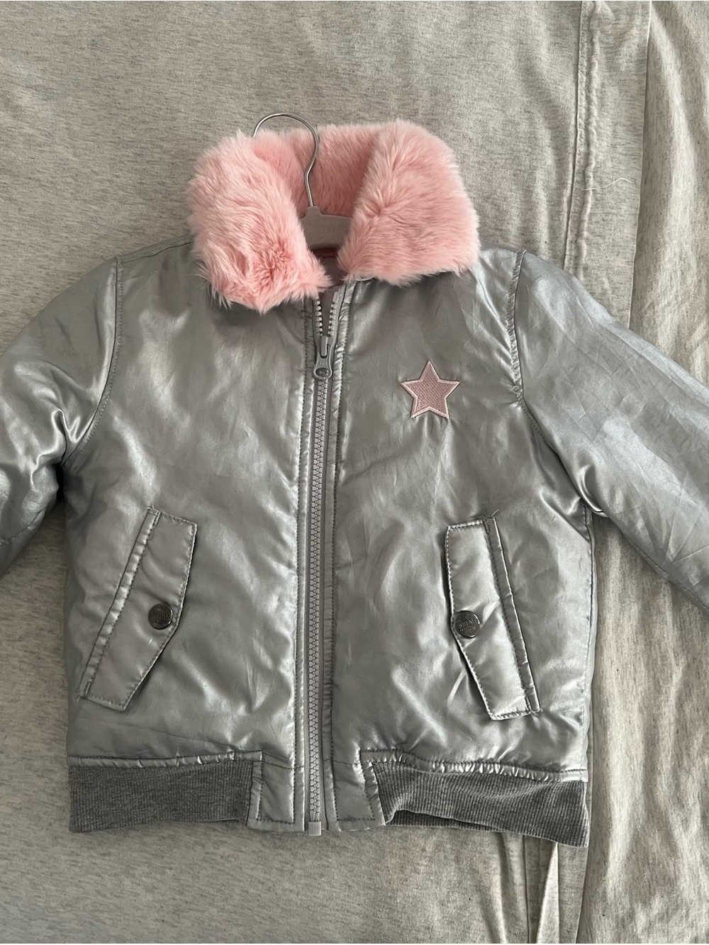 Buffalo David Bitton Silver Puffer Jacket with Pink Faux Fur Collar